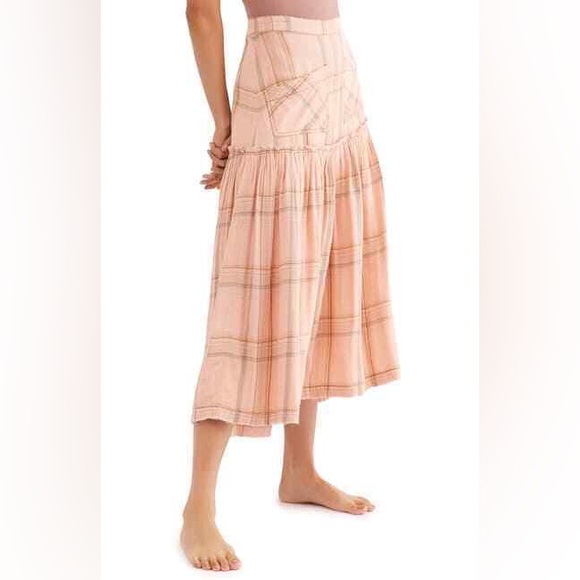 Free People Plaid Fever Midi Skirt Pink 2 Distressed OB1146604 - Picture 2 of 16